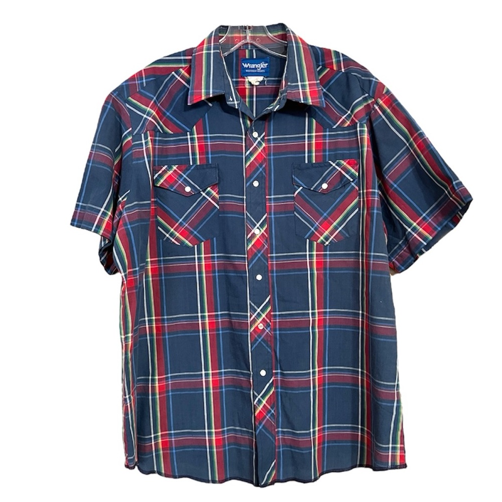 Vintage Wrangler Pearl Snap Blue Red Plaid Short Sleeve Button Down Sz M GUC